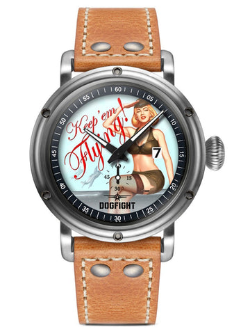Dogfight PIN-UP COLLECTION "Keep 'em Flying" Brown Leather Mens Pilot Watch DF0040 - Shop at Altivo.com